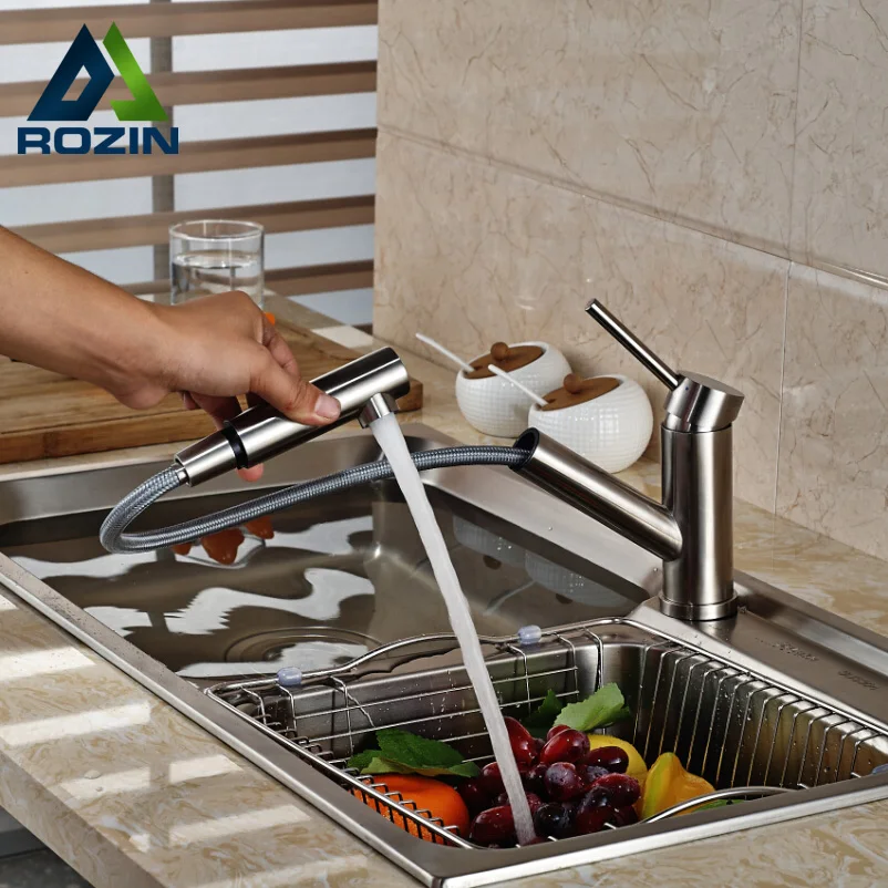 

Brushed Nickel Pull Out Sprayer Kitchen Faucet Deck Mount One Hole Kitchen Mixer Taps Single Handle