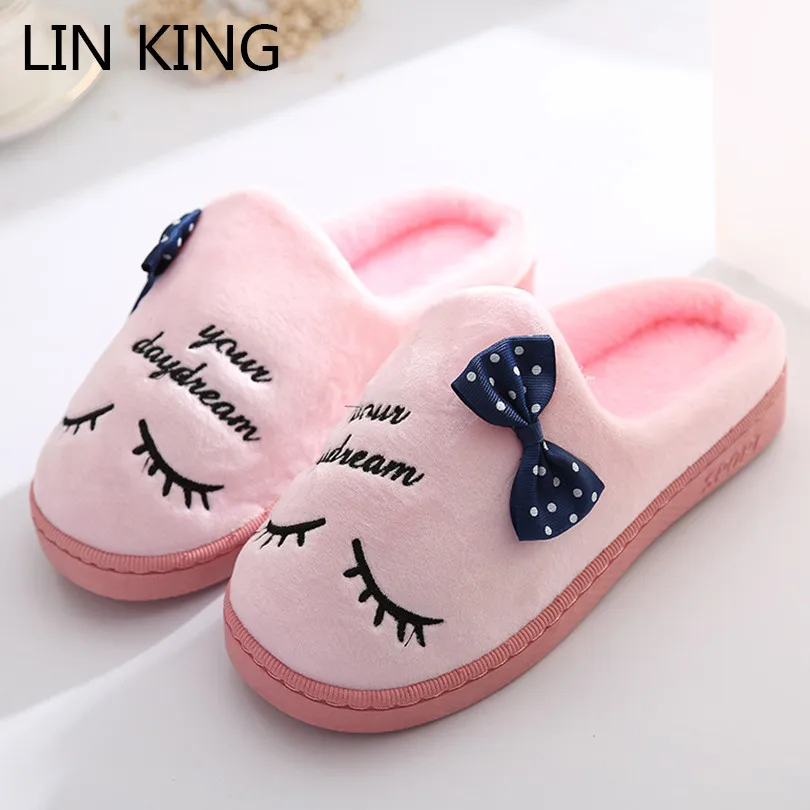 

LIN KING Sweet Eyelash Women Home Slippers Shoes Female House Indoor Shoes Lovely Bowtie Ladies Warm Winter Floor Cotton Shoes