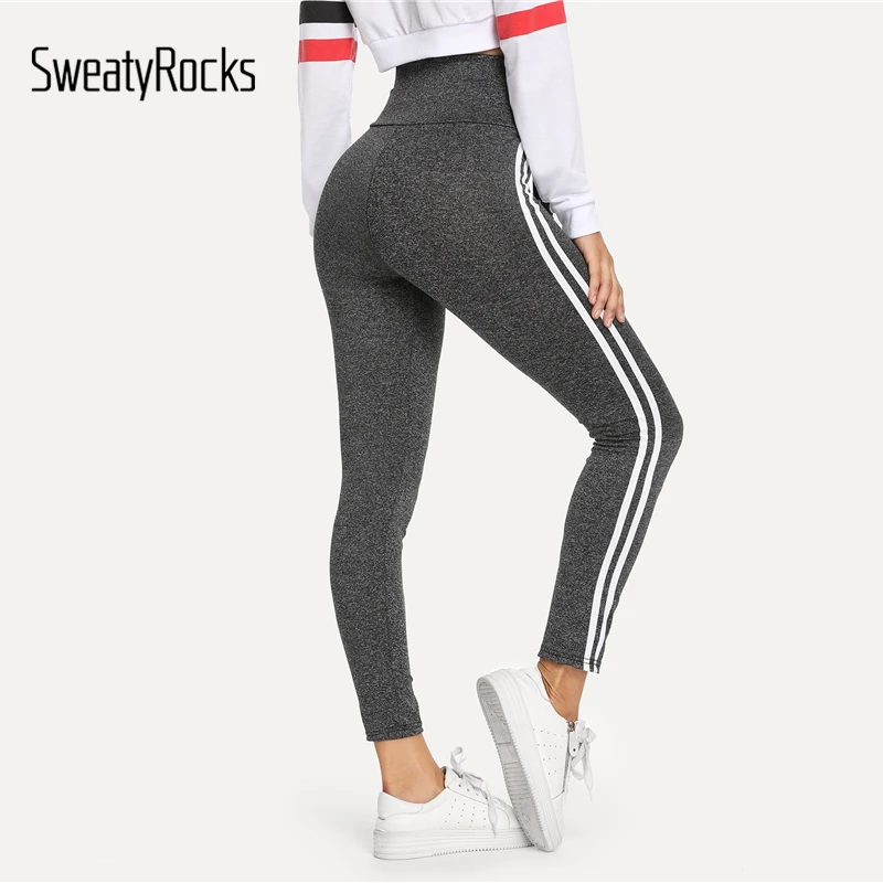 SweatyRocks رمادي اللياقة البدنية التباين الشريط الجانب عقدة التفاصيل طماق 2018 عارضة تجريب السراويل الخريف المرأة ضئيلة مرونة طماق