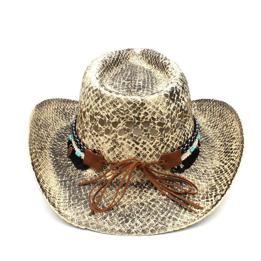 9 Women Men Straw Western Cowboy Hat Handmade Weave Lady Dad Sombrero Hombre Cowgirl Jazz Caps Bohemian Tassel Band Size 56-58CM