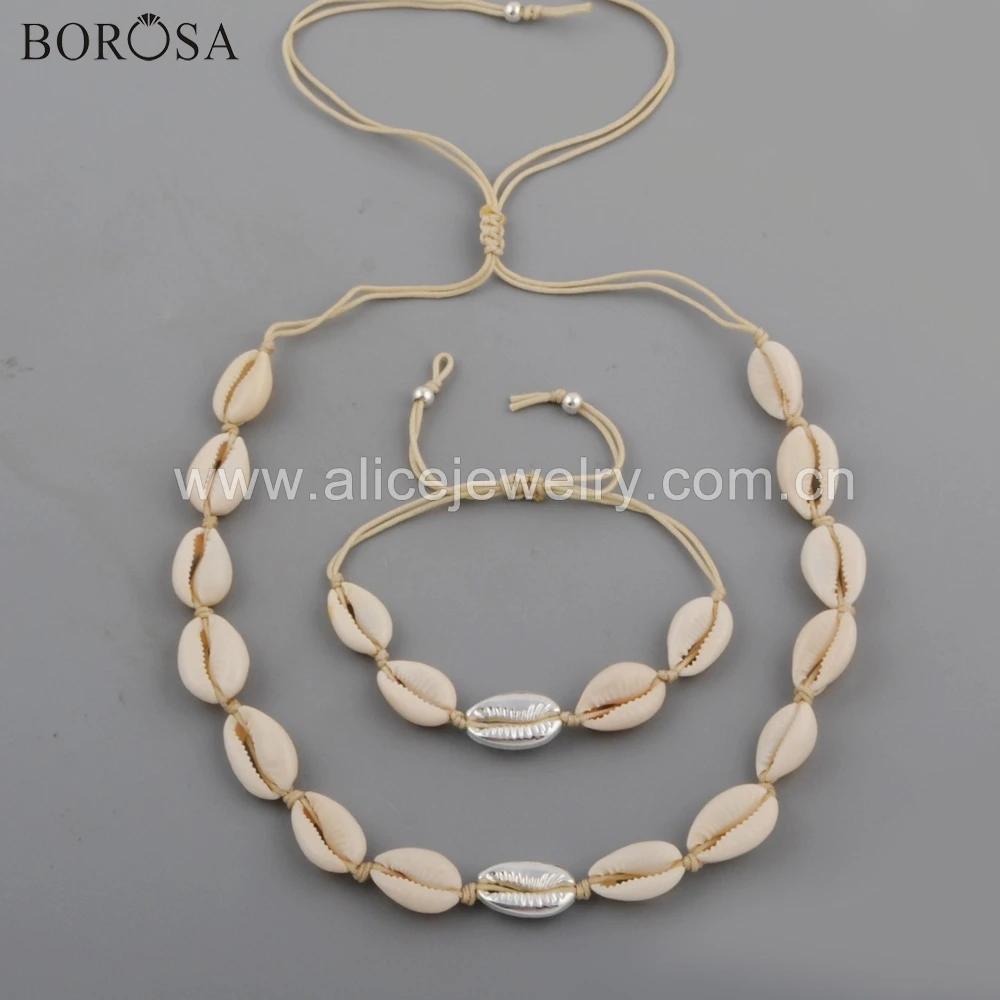 

BOROSA 5Sets New Arrival Full Silver Color Cowrie Shell Adjustable Bracelet Necklace Natural Shell Beads Jewelry Sets WX1098