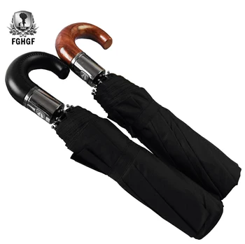 

FGHGF Quality Business Black Leather Wooden Bent Handle 10 Rib Strong Automatic Three Folding Umbrella Wind Resistant Men Rain