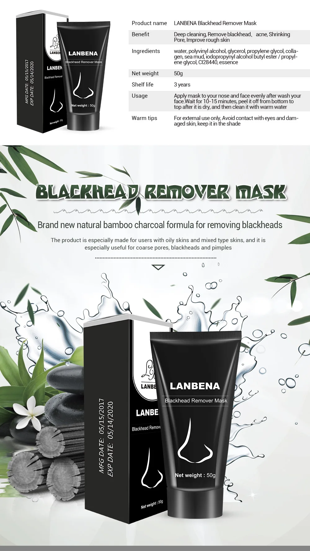 LANBENA для устранения черных точек носа черная маска для лица Уход за грязью лечение акне Очищающая маска пористая кожа уход Очищающая маска контроль масла TSLM1
