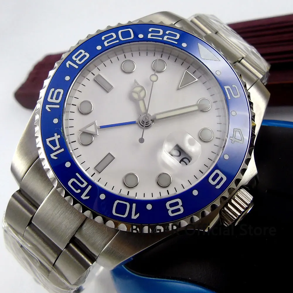 Klassische BLIGER 43 MM Weiß Sterile Zifferblatt Blau Keramik Lünette GMT Funktion Sapphire Kristall Automatische Bewegung herren Uhr B315