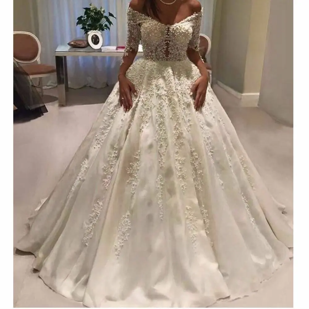 

Vestido De Novia luxury satin wedding dress ball gown long sleeve v-neck sexy appliques bridal Wedding gown Robe De Mariage