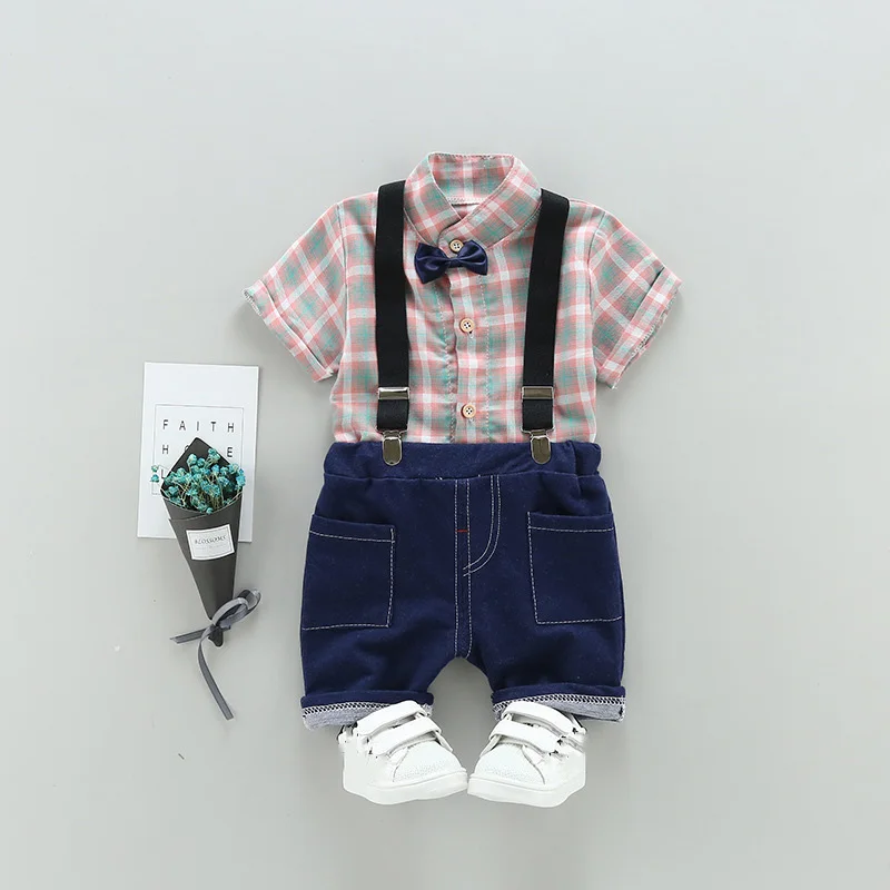 0-5 Years Kids Boys Clothes Sets 2pcs Gentlemen Suits Plaid Stand Collar T shirt+Jumpsuit Shorts New Summer Boy Sports Suit Z556 |