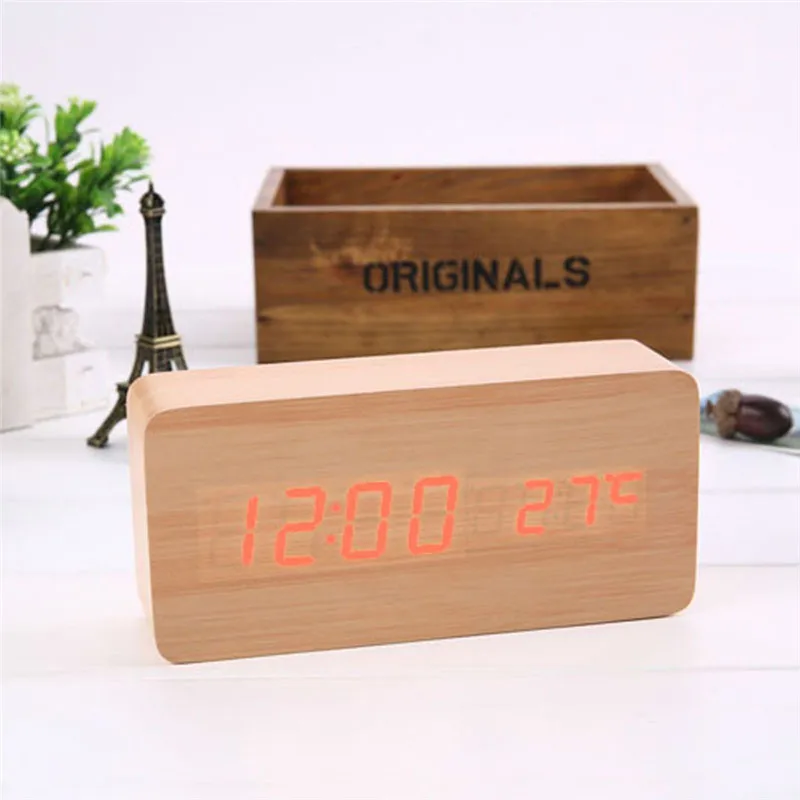 LED wooden Clock digital alarm clock Temperature Sounds Control LED