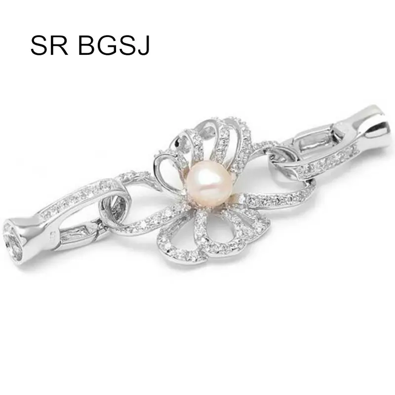 

Free Shipping Jewelry Micro Inlay Zircon Flower Freshwater Pearl 925 Silver Clasp