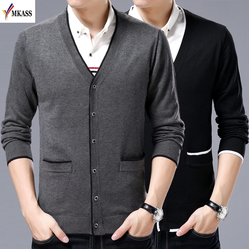 MKASS New Brand Men Knitted Cardigan Spring Autumn Fashion Slim Sweater V-neck 100% Cotton Comfortable Thin Knit Jacket Male