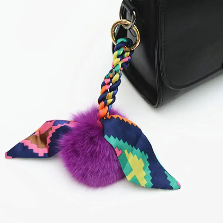 

Fashion 9cm Fluffy REAL FOX Fur Ball Keychain Ribbon Bow Fur Pompom Key Chain Pompon Keyring Charm Women Bag Pendant