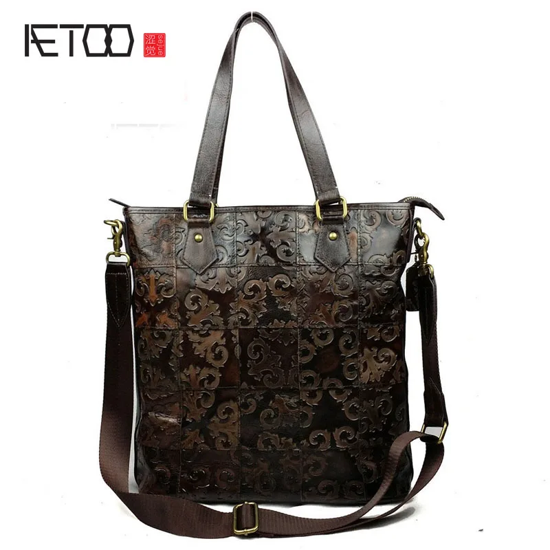 AETOO Leather handbags wholesale women's retro stitching shoulder Messenger bag leather embossed tide package