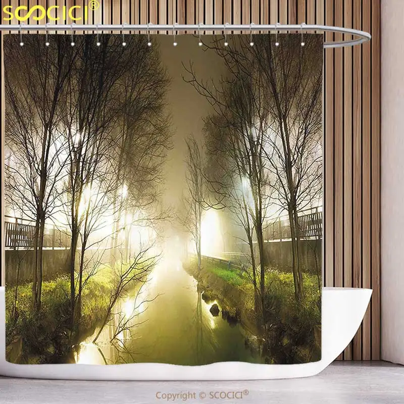 Polyester Shower Curtain Forest Water Channel Foggy Weather Trees