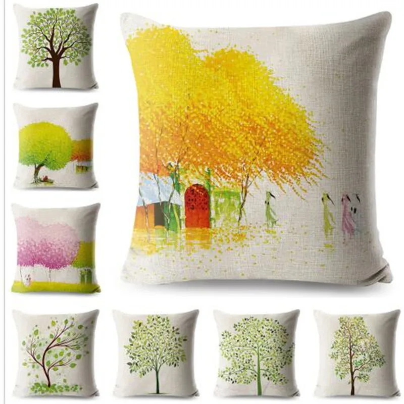 

Watercolor 3D Print Yellow Tree Linen Pillow Case 45x45cm Cushion Cover Design Sofa Home Decoration Green Plant Pillowcase