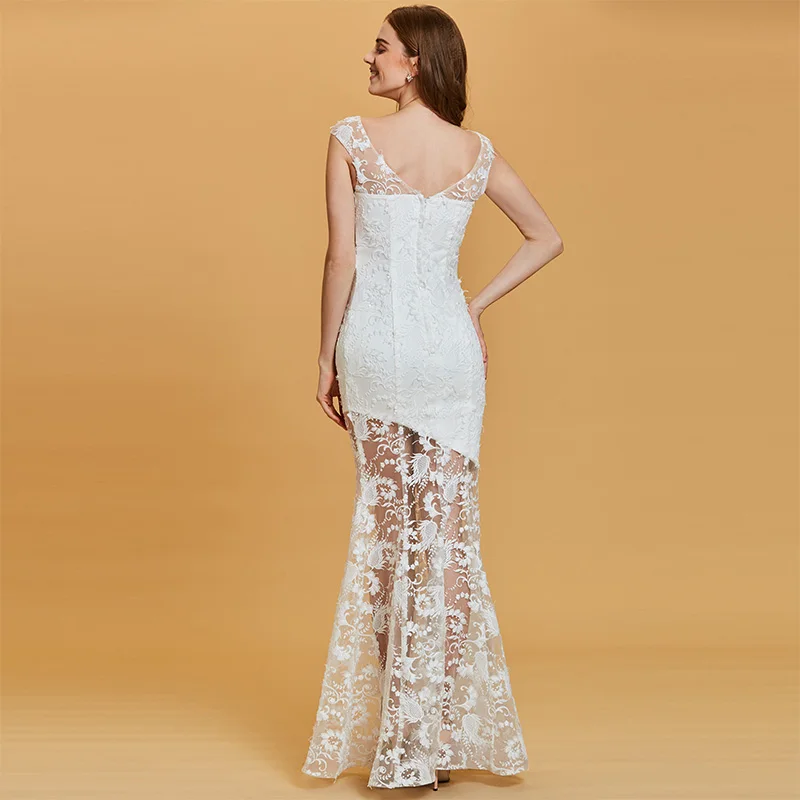Tanpell long evening dress white lace bateau cap sleeves floor length mermaid gown women wedding party formal evening dresses Tanpell long evening dress white lace bateau cap sleeves floor length mermaid gown women wedding party formal evening dresses