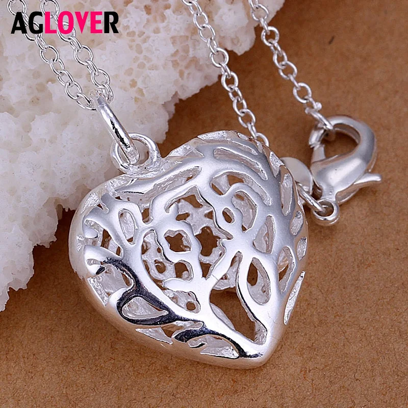 

New 925 Sterling Silver Heart Shaped Hollow Chain Necklace Ladies Romantic Charm Necklace Jewelry