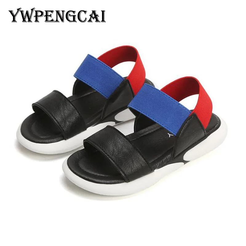 

Size 26-35 Kids Shoes Patchwork Colors Girls Sandals Elastic Band Soft PU Leather Black Sandals 2019 Summer Beach Boys Sandals