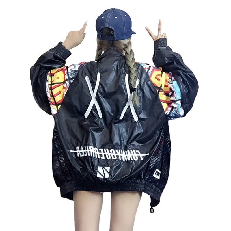 

Spring New Hollow Out Back Embroidery Bomber Jacket Unisex Style Loosen Jacket Student Harajuku Oversize Female Basic Coats