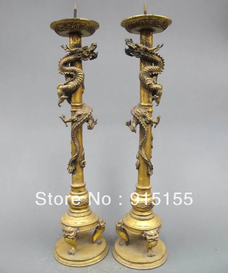 China Classic Bronze Gilt Carved Dragon candlestick Candle Holder