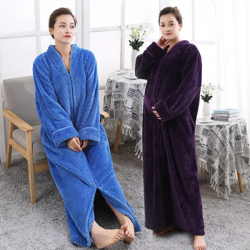 New Ladies/men Soft Feel Cozy Zip Up Long Dressing Gown Bath Robe Cover Up Housecoat Fleece