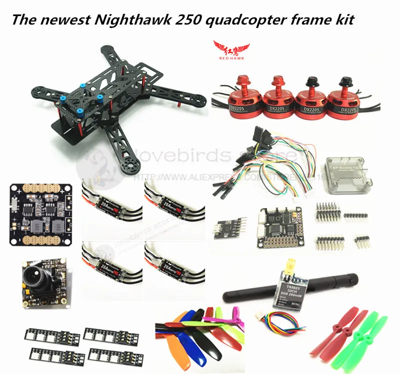 

DIY FPV mini drone RED HAWK Nighthawk 250 frame kit DX2205 KV2300 + BL20A ESC 2-4S OPTO + SP racing F3 with OSD + 700TVL WEBCAM