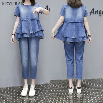 

Plus Size 4XL Summer Women Loose Casual Denim Seven Pants Two-Piece Sets Ruffles Short-Sleeved Top Jeans Suit Conjunto Feminino