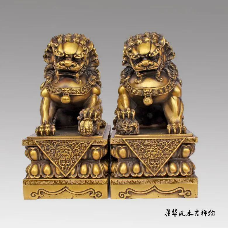 

Large Pair Bronze Chinese Lion Foo Dog Statue Figure Sculpture Black yellow10"H