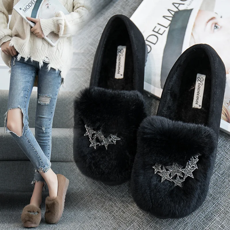 

Glitter metal flat moccasins round toe slip on plush loafers women winter warm mules flats rabbit fur thick bottom espadrilles