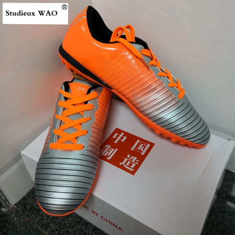 

Adult Men Football Shoes TF Cleats Soccer Shoes Kids Students Teenagers Footwear Futbol Boots Outdoor Training AG Orange Silver