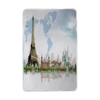 

World Map Travel the World Landmark Blanket Soft Warm Cozy Bed Couch Lightweight Polyester Microfiber Blanket