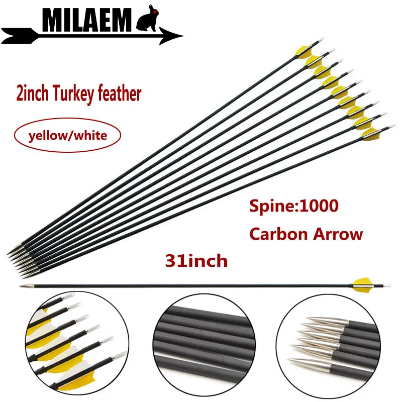 

6/12pcs 31inch Archery Mix Carbon Arrow Spine1000 ID4.2mm OD6.0mm 2inch Turkey Feathers Compound/ Recurve Shooting Accessories