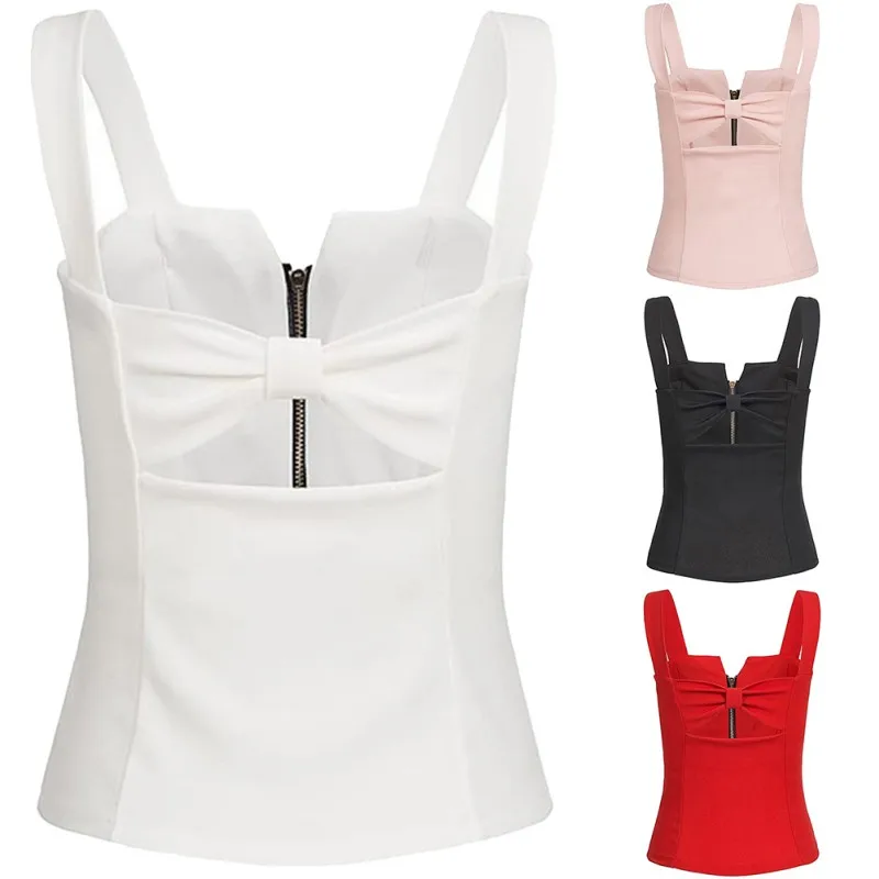 Top Fashion Sexy Small V Zip Black Vest Bow Beauty Back Nice Crop Top Women Ladies XL 2Xl Slim Thin Waist Shirt W1 Tops