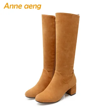 

2019 new winter women knee-high boots warm plush lining middle heels zip ladies sexy boots brown women shoes big size 34-43