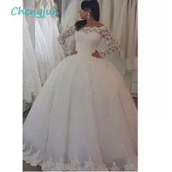 Chengjun вырез лодочкой с длинными рукавами vestidos de novia 2019 аппликация из кружевного тюля плюс размер свадебное платье