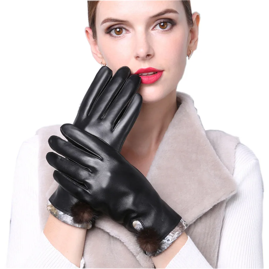 Female Autumn Winter Genuine Leather Gloves Sheepskin Warmth Plus
