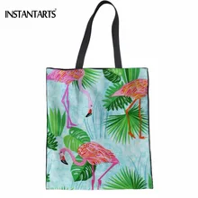 INSTANTARTS Casual Green Tropical Leaf Flamingos 3D Printing Woman Cotton Shopping Bags Large Reusable Eco Bags Lady Grocery Bag