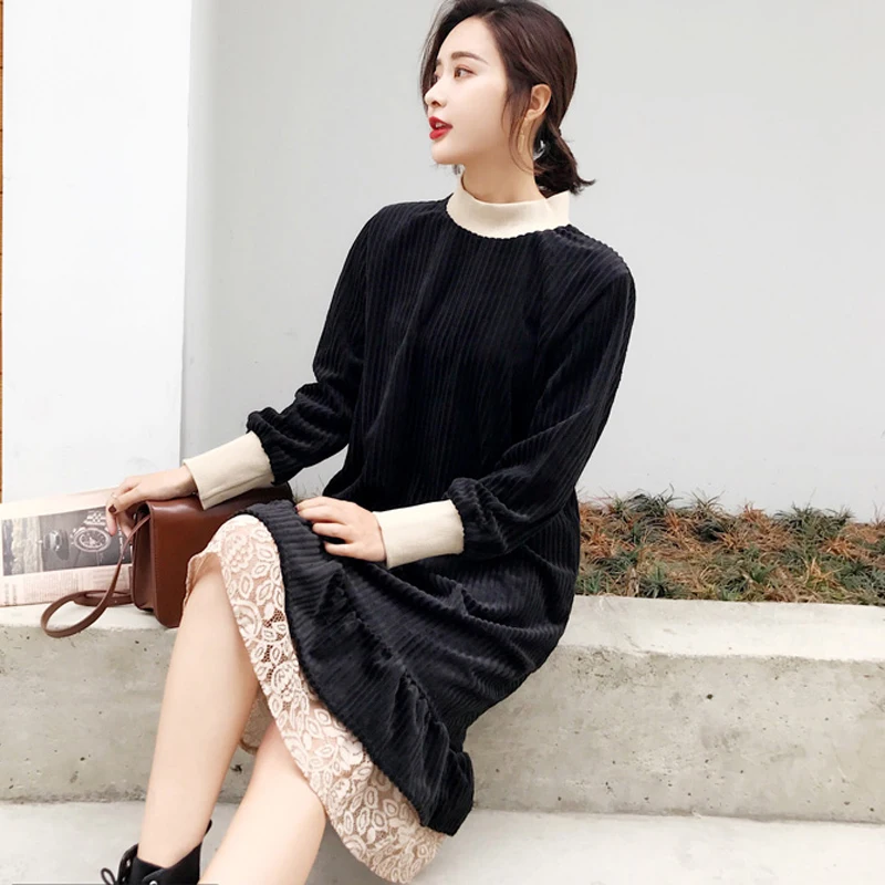 P Ammy Autumn Winter Velvet Thick Hem Stitching Jumper Dress Oversized Solid Color Long Sleeve Tunic Pullover | Женская одежда