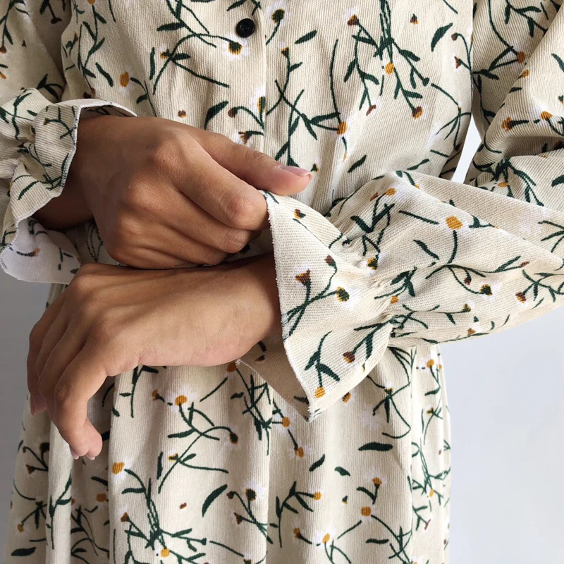 Skup Sztruksowa miękka kwiatowa nadruk kobiety jesienno zimowa sukienka stójka kołnierz kobiece Party luźne sukienki w pasie plaża Vestidos