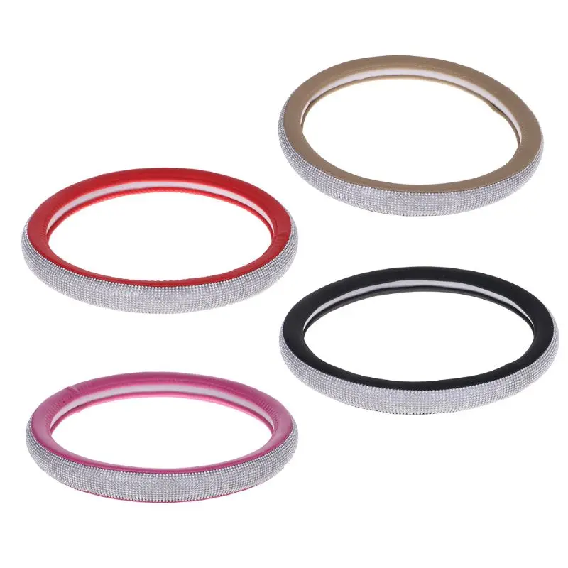 

Crystal Rhinestone Car Leather Steering Wheel Covers Cap Steering-Wheel Cover Auto Car Interior Accessories For Women Girls