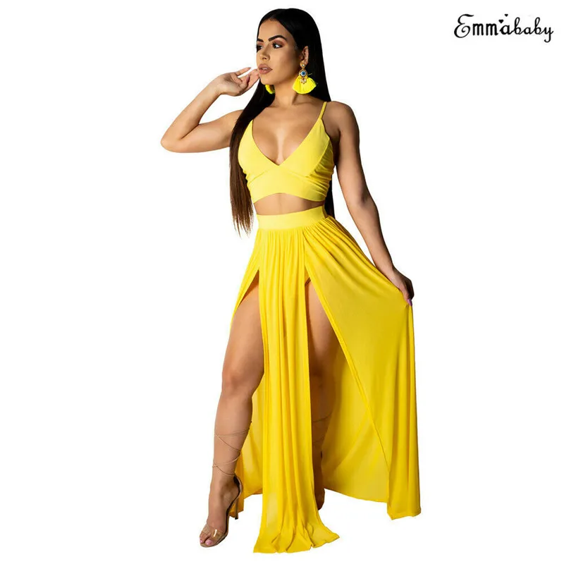 

two piece set tops and skirts 2019 Summer neon green deep v neck cropped tops and sexy skirts tweed set