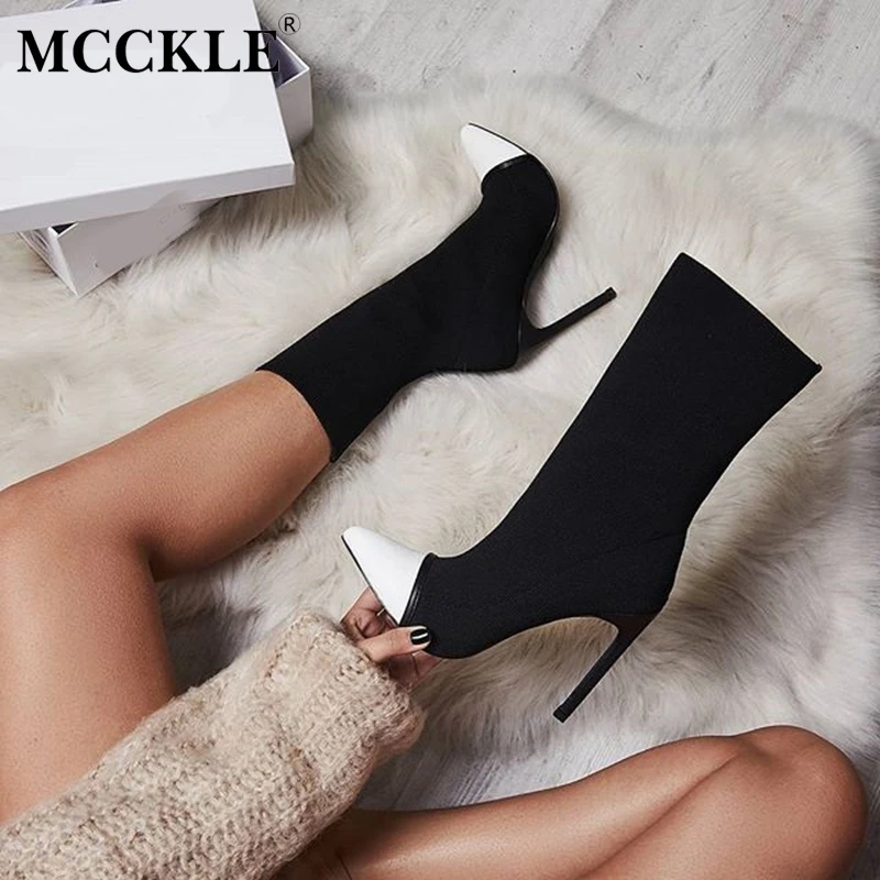 

MCCKLE Women Plus Size Strect Sexy Stiletto Chelsea Boots Autumn Female Elastic Stock Pointed Toe Thin High Heels Shoes