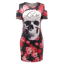 Print Skull Love Red Flower Floral Dress Women Sexy Sheath Short Sleeve Wrap Bodycon Dress Casual Mini T Shirt Summer Dress 2017