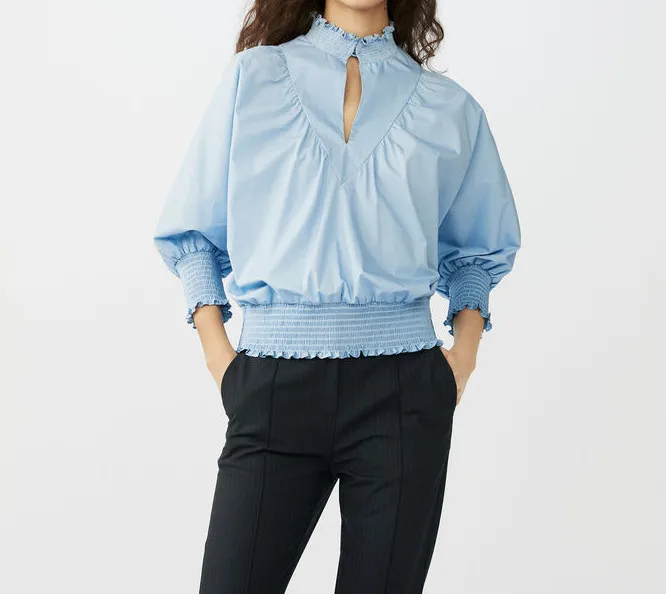 

Women Ruffled Blouse Long Batwing Sleeve Hollow Out Female Fashion Blue White Shirt Stylish Ladies Tops