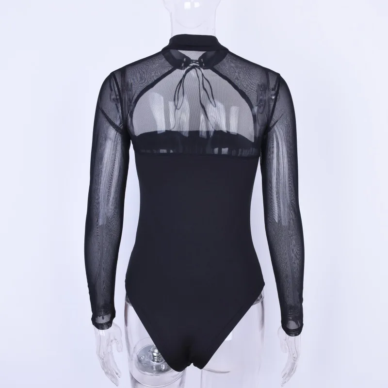 Dulzura mesh patchwork long sleeve sexy high neck lace up bodysuit 2018 summer autumn women black solid body leather bodysuit