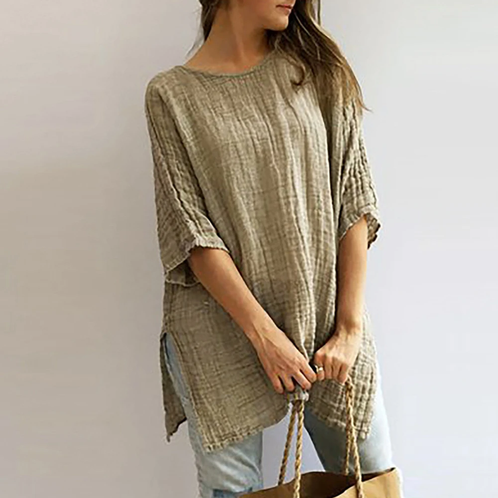 Women Tops Blouse Cotton linen Casual Clothing Round Neck Basic Tee Fashion Half Sleeves Stylish Loose Vintage |