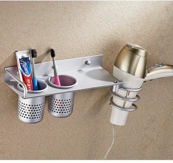 

1PC Space aluminum Bathroom shelf hair dryer rack with 2 cups hair dryer rack Households Rack Hair Blow Dryer Holder J2012