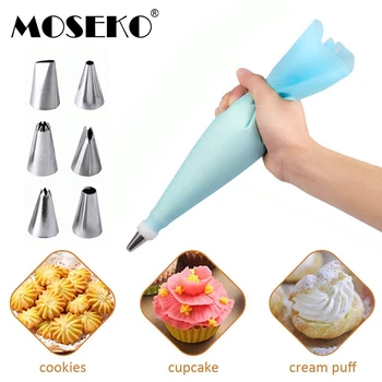 

MOSEKO 1Set Silicone Kitchen Accessories Icing Piping Cream Pastry Bag+6 Stainless Steel Nozzle Set DIY Cake Decorating Tips Set