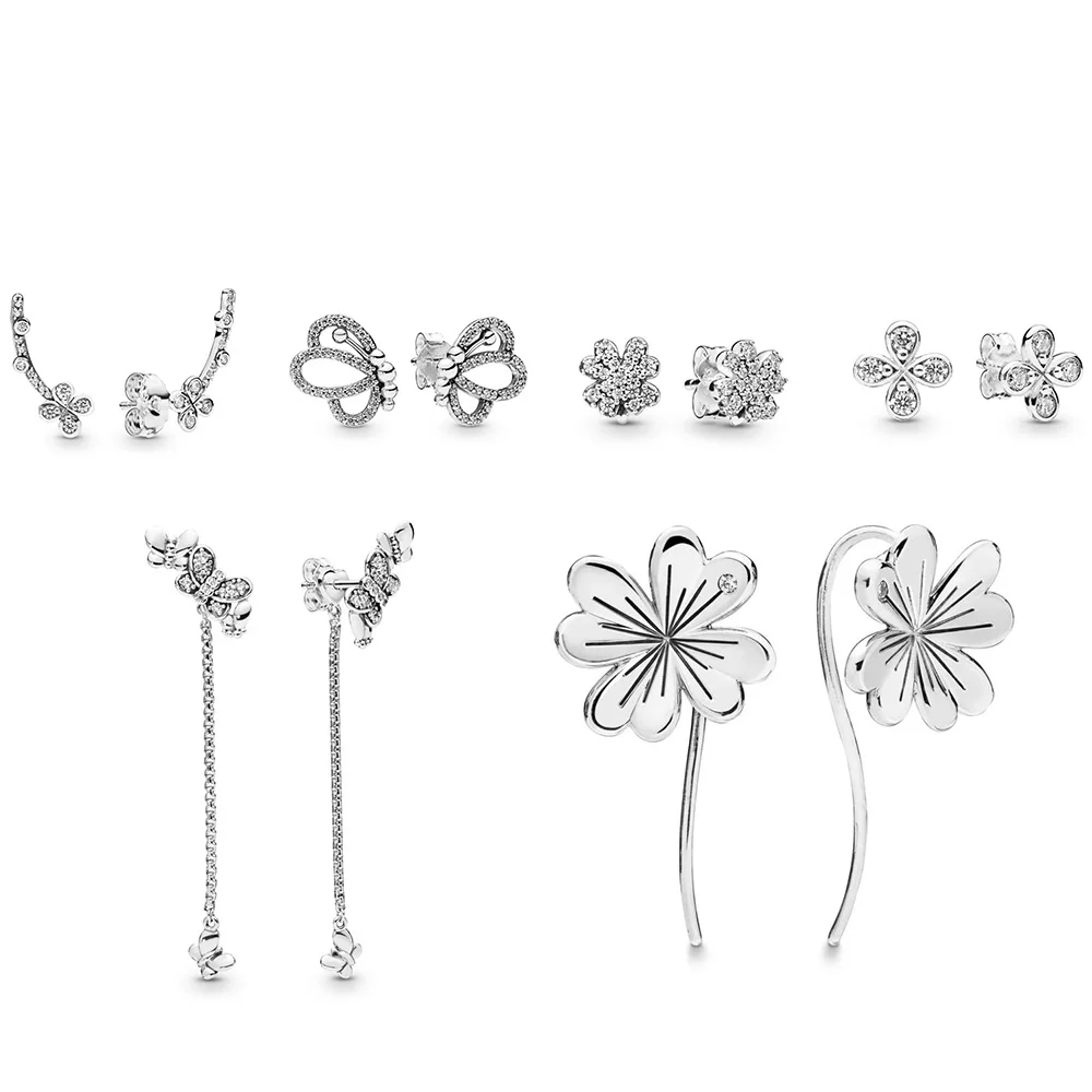 

925 Sterling Silver Earring Vintage Butterfly Flower With Crystal Diy Silver Earring For Women Wedding Party Jewelry Gift