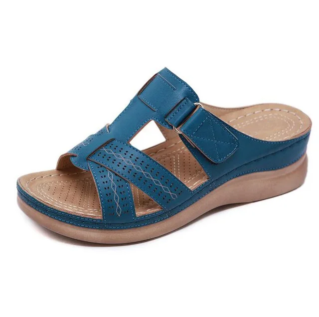 BEYARNE/Женская обувь из искусственной кожи; удобная обувь на плоской платформе; женские повседневные Мягкие Шлепанцы на платформе; босоножки на танкетке; пляжные вьетнамки - Цвет: Синий