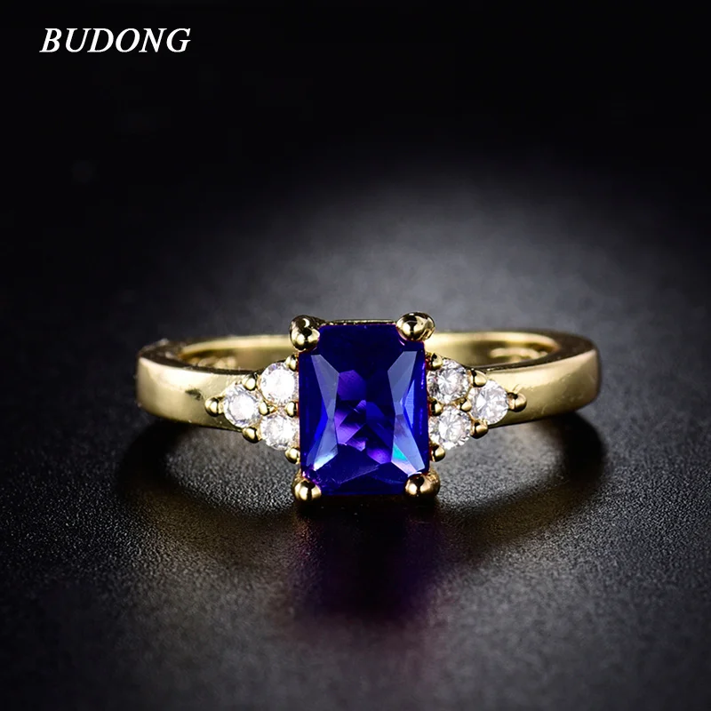 

BUDONG Gold-Color Lady Rings Wedding Radiant Cut Ring Blue Cubic Zirconia Crystal Band for Women Jewelry XUR096