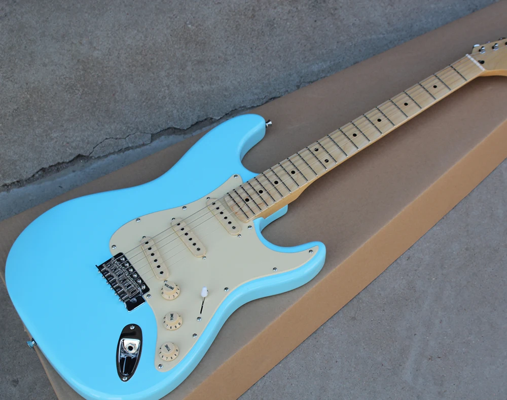 

OEM Sky-blue Electric Guitar with 3S Pickups,Maple Fingerboard,Cream Pickguard,Chrome Hardwares,offering customized services